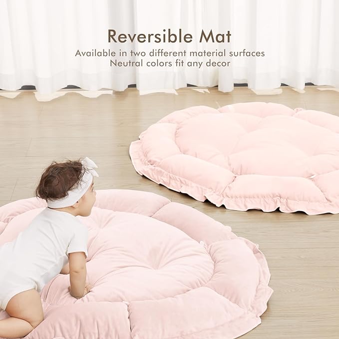 ANGELBLISS 5 in 1 Baby Play Gym Mat, Reversible Tummy Time Mat with 5 Sensory Toys for Stage-Based Developmental, Thick & Large Baby Activity Center from Newborn to Toddler (Pink)