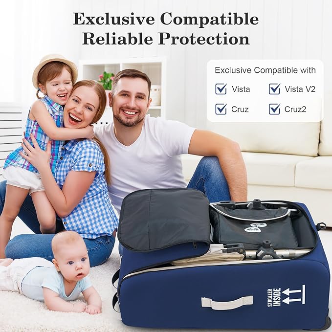 Stroller Bag for Airplane, Stroller Travel Bag Compatible with UPPAbaby Vista, Vista V2, Cruz V2, Rolling Wheel Bag with Storage Pocket, Multiple Handles, Luggage Tag for Flight Travel, Navy