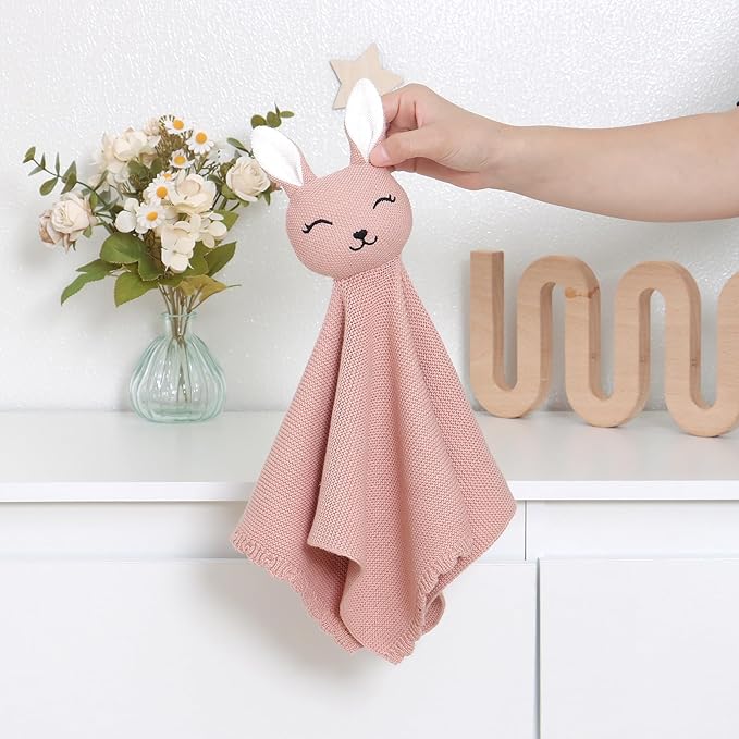 LAWKUL Bunny Lovey Baby Blanket Soft Cuddly Security Blanket Knit Snuggle Comfort for Newborns Toddler Boy Girl Pink 16x16in