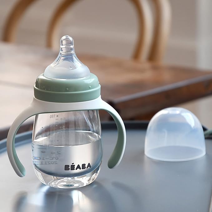 BEABA 2-in-1 Baby Bottle to Transition Sippy Cup, No Spill Sippy Cup, Includes Removable Handles, Silicone Baby Bottle Nipple and Soft Spout, 7 oz (Sage)