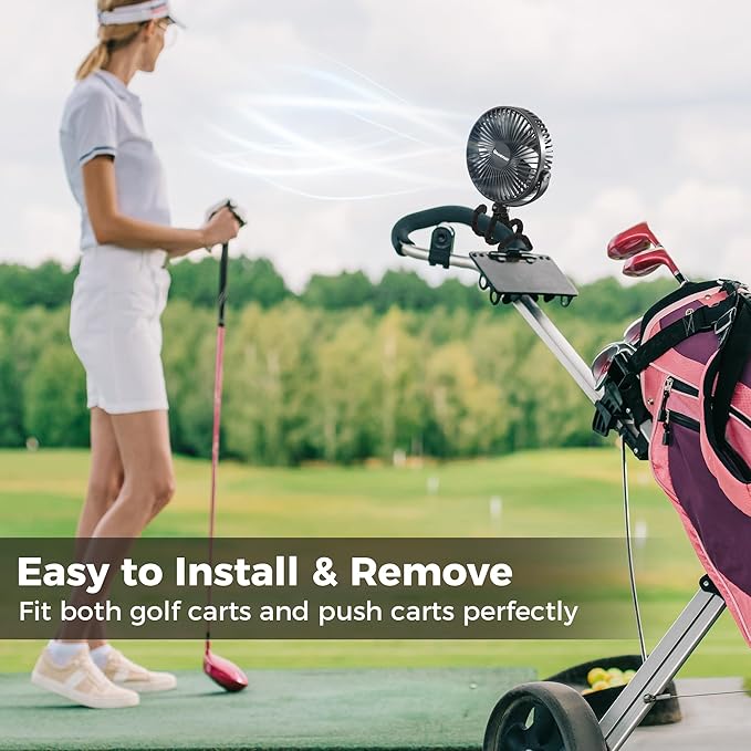 10000mAh Rechargeable Golf Cart Fan, 50H Run, Compatible with EZGO Club Car Yamaha, 7 inch Clip On Fan with Sturdy Tripod, 360° Pivot, 3 Speed & Timer, Cooling for Golf Cart Golf Palyer Essential