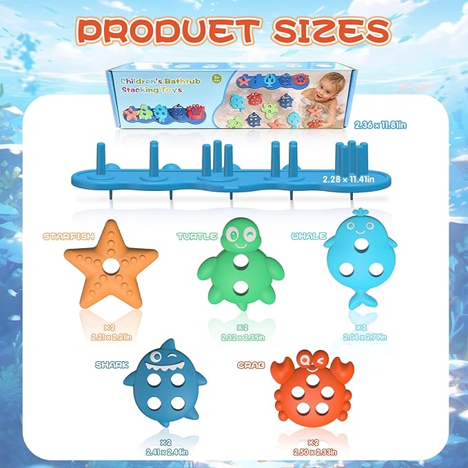 Suction Baby Bath Toys, Mold Free Silcone Shape Sorting & Stacking Bathub Toy, Sensory Toys & Best Gift for Toddlers 3 4 5 Early Learning Bathtub Fun (Ocean Animal)