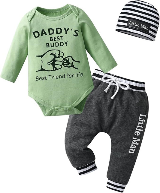 KuKitty Newborn Infant Baby Boy Clothes Long Sleeve Romper + Pants + Hat 3PCS Outfits Set