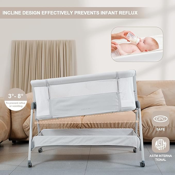 ANGELBLISS Baby Bassinet Bedside Sleeper, Easy Folding Portable Bassinet for Baby with Wheels, Adjustable Height, Included Mattress (Beige)