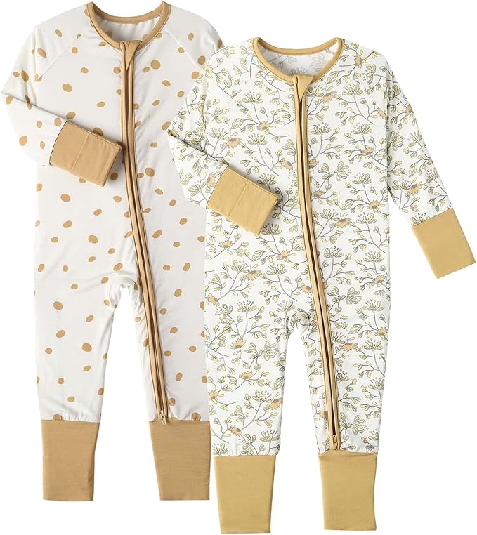 OPAWO Viscose from Bamboo Baby Pajamas Girl 2pack Mittens Cuff 2 Way Zipper Soft Footless Sleeper Baby Boy One-Piece Romper