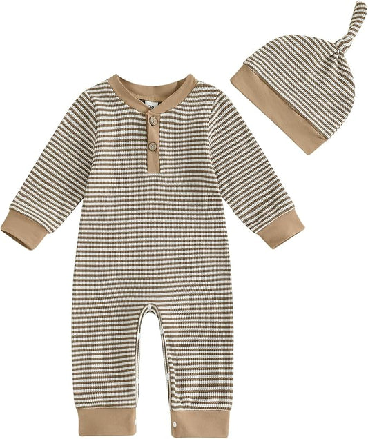 fhutpw Newborn Baby Boy Clothes Ribbed Knit Bodysuit 3 6 Months Infant Fall Long Sleeve Splicing Color Romper Jumpsuit & Hat