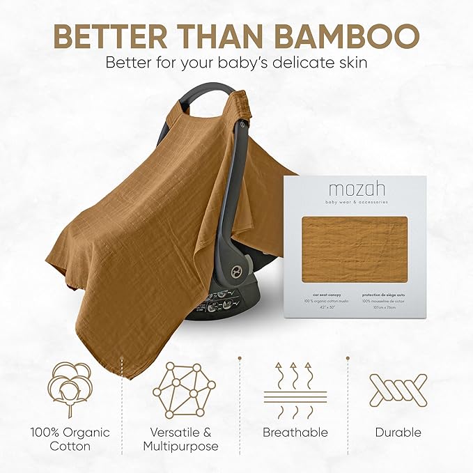 MOZAH Baby Car Seat Cover - Caramel Toffee - 100% Organic Muslin - Soft, Breathable and Lightweight, Baby Infant Car Seat Essentials
