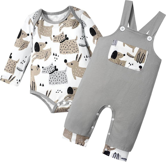 Baby Boy Clothes Long Sleeve Animal Plaid Romper + Overalls Infant Boy Clothes 2PCS Fall Winter Outfits