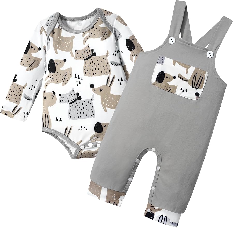 Baby Boy Clothes Long Sleeve Animal Plaid Romper + Overalls Infant Boy Clothes 2PCS Fall Winter Outfits