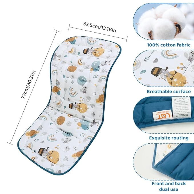 Baby Stroller Cushion,Infant Car Seat Insert-Reversible Universal Breathable and Soft Newborn Stroller Mat,100% Cotton Cover Toddler Seat Pad Liner-34x78cm,1 Pack(Rainbow Balloon+Blue)