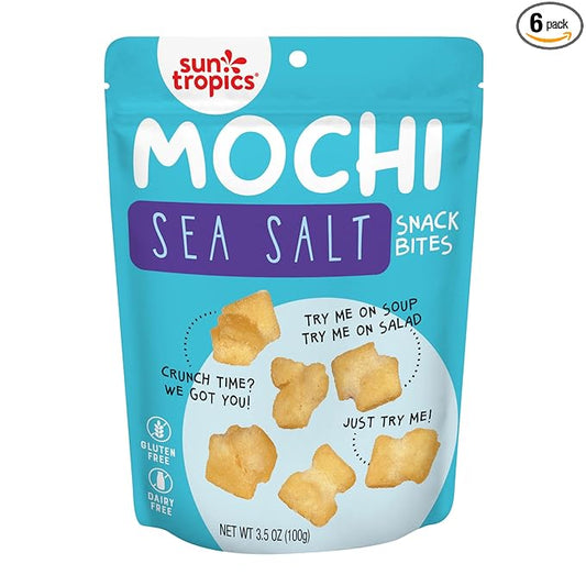 Sun Tropics Mochi Snack Bites, Sea Salt Flavor- 3.5 oz (6 Pack) | Crispy Crunchy Mochi Bites, Rice Nuggets | Mochi Puff Rice Crackers- Gluten Free & Dairy Free- No MSG Added | Asian Rice Snacks