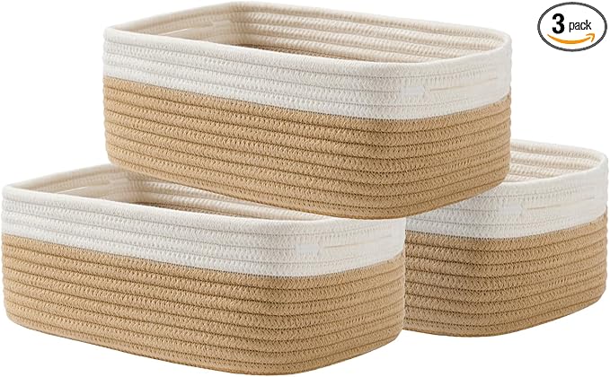 Small Woven Basket, 12 x 8 x 4.5 Inches, Storage Basket for Organizing, Cute Small Rope Shelf Closet Cube Storage Bins Baskets for Shelves, Dog Toy Gift Baskets Empty, 3 Pack White & Brown