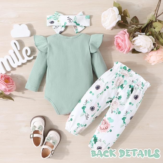 GDTOGRT Baby Girl Clothes Newborn Infant Outfits Ruffle Romper+ Floral Pants + Cute Headband Sets for Girls