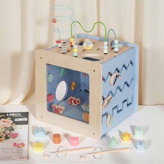Wooden Activity Cube with Bead Maze, 7-in-1 Montessori Toys for 1+ Year Old Boys&Girls,Kids Educational Learning Toys for Toddlers Age 1-2,Under the Sea Adventure Cube with Fishing Game&Shape Sorter