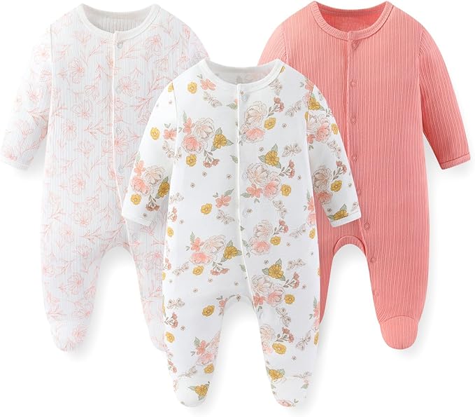 Unisex Baby Boy Girl Footies Rompers Cotton Long Sleeve 3 Pack Infant Jumpsuits 0-12Months Babies' Outfits
