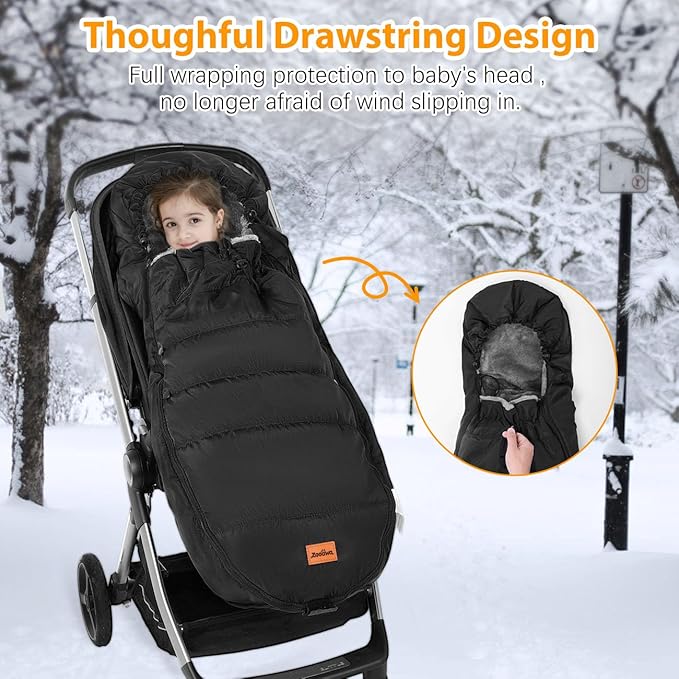 Zooawa Stroller Bunting Bag Universal, Waterproof Baby Stroller Footmuff, Stroller Sleeping Bag for Cold Weather, Extra Thick, Fits 6-36 Months Baby, Black