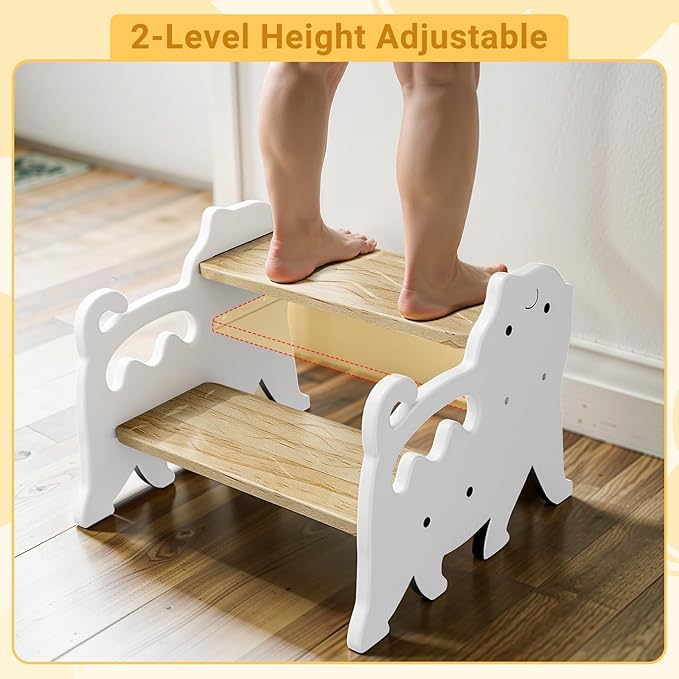 COSYLAND Kids Step Stool for Bathroom Height Adjustable - Lovely Cat Potty Training Stools for Toddlers - Wooden Stepping Stool with Handle for Bathroom Sink (Natural & White)
