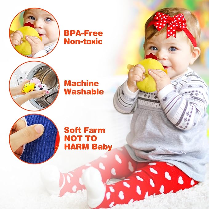 Soft Barn Baby Toys 6-12 Months with Stuffed Farm Animals, Rattle Squeaky Crinkle Sound & Mirror, Montessori Sensory Plush Infant Toy for 6 7 8 9 10 11 Month, 1 Year Old Baby Boy Girl Birthday Gifts