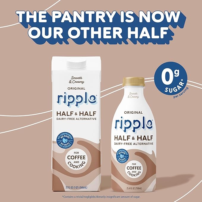 Ripple Plant Based Milk | 8g of Pea Protein | Shelf Stable | Vegan & Non GMO | Dairy, Soy, Nut, Gluten, & Lactose Free 32 Fl Oz (32 Fl Oz (Pack of 6), Half & Half)
