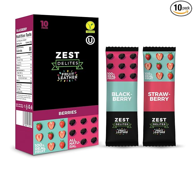 Dried Fruit Bars by Zest Delites, Fruit Leather, Healthy Snacks Pack for Adults & Kids, Lavashak, Vegan, Apple-Based Strips, Blackberry, Strawberry, 0.88 oz x 10