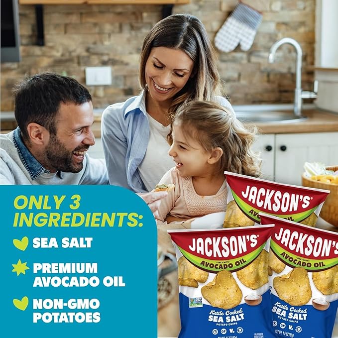 Jackson’s Potato Classic Kettle Chips with Sea Salt (1.5oz, Pack of 28) - Made with Premium Avocado Oil - Allergen-friendly, Gluten Free, Peanut Free, Vegan, Kosher - Shark Tank Product