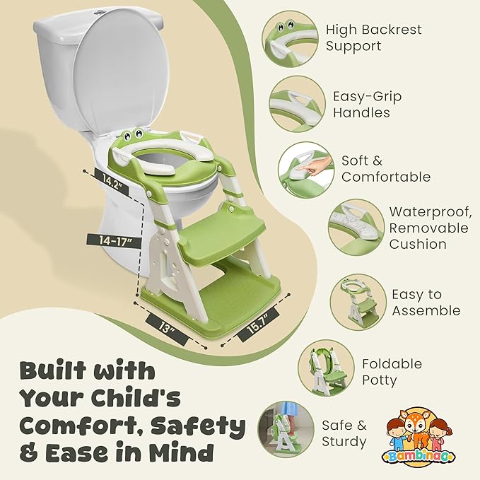 Potty Training Seat & Step Stool – Safe Triangular Frame, 5 Height Levels, Soft Cushion, Anti-Slip Design, Foldable 2-in-1 Toilet Trainer for Toddlers