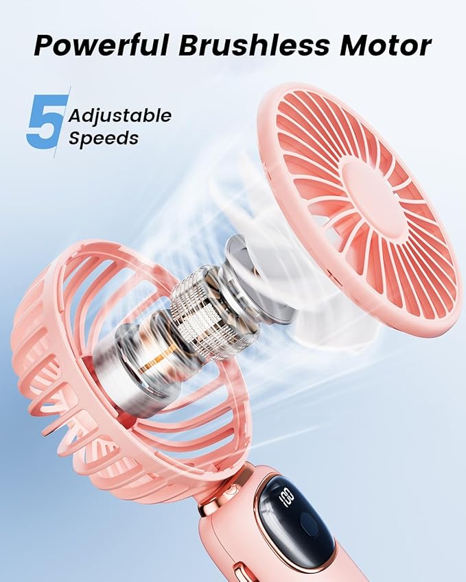 coldSky Portable Handheld Fan, 4000mAh Battery Operated with LED Display, Handheld/Neck/Desk 3 in 1 Personal Small Fan, 90° Foldable Desk Fan with Base, 5 Speed Lash Makeup Fan for Women