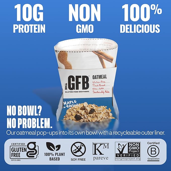 The GFB Maple Raisin Protein Oatmeal Cups - Unique Pop-Up Bowl - Gluten Free, Plant Based, Non GMO, Sustainably Made - Ridiculously Tasty, Healthy, Vegan Protein Instant Oatmeal, 2 oz (6 Count)