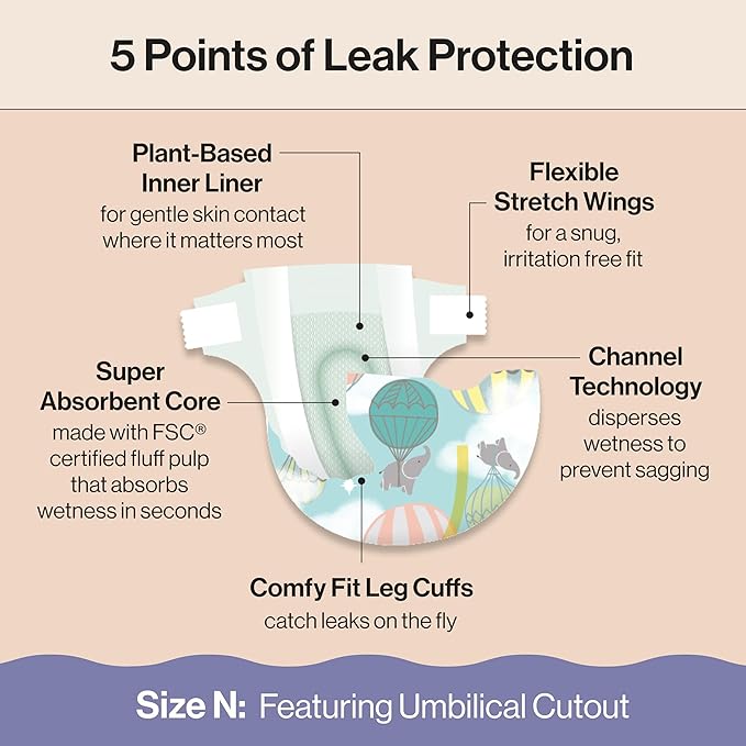 The Honest Company Clean Conscious Diapers for Delicate Skin | Up to 100% Leakproof | Hypoallergenic, Fragrance Free | Gender Neutral | Club Box, Size Newborn, 72 Count (Prints May Vary)