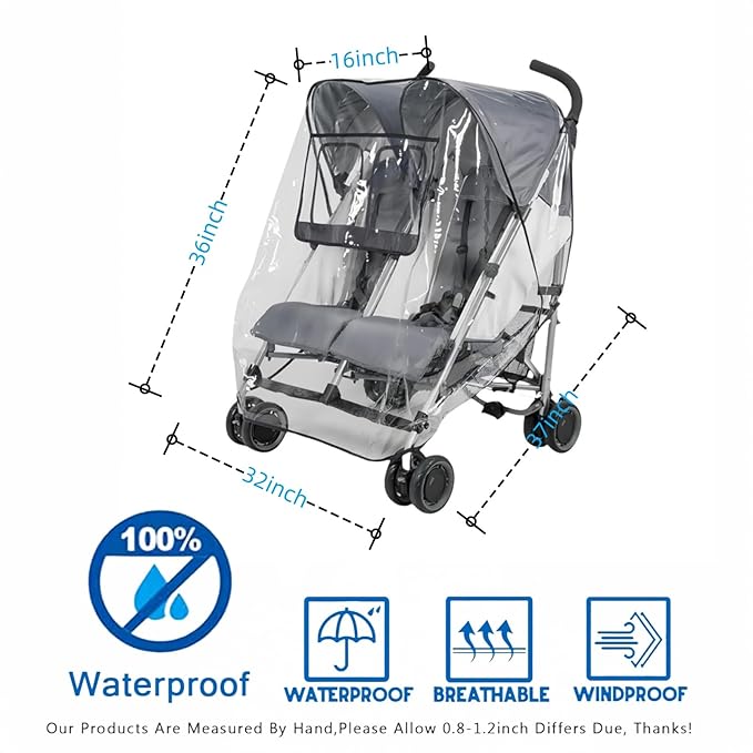 Clear Travel Weather Shield,Rain Cover for Double Stroller Universal,Breathable Waterproof Double Stroller Rain Cover Side by Side,Twins Stroller Cover for Rain/Wind/Snow/Cold/Dust
