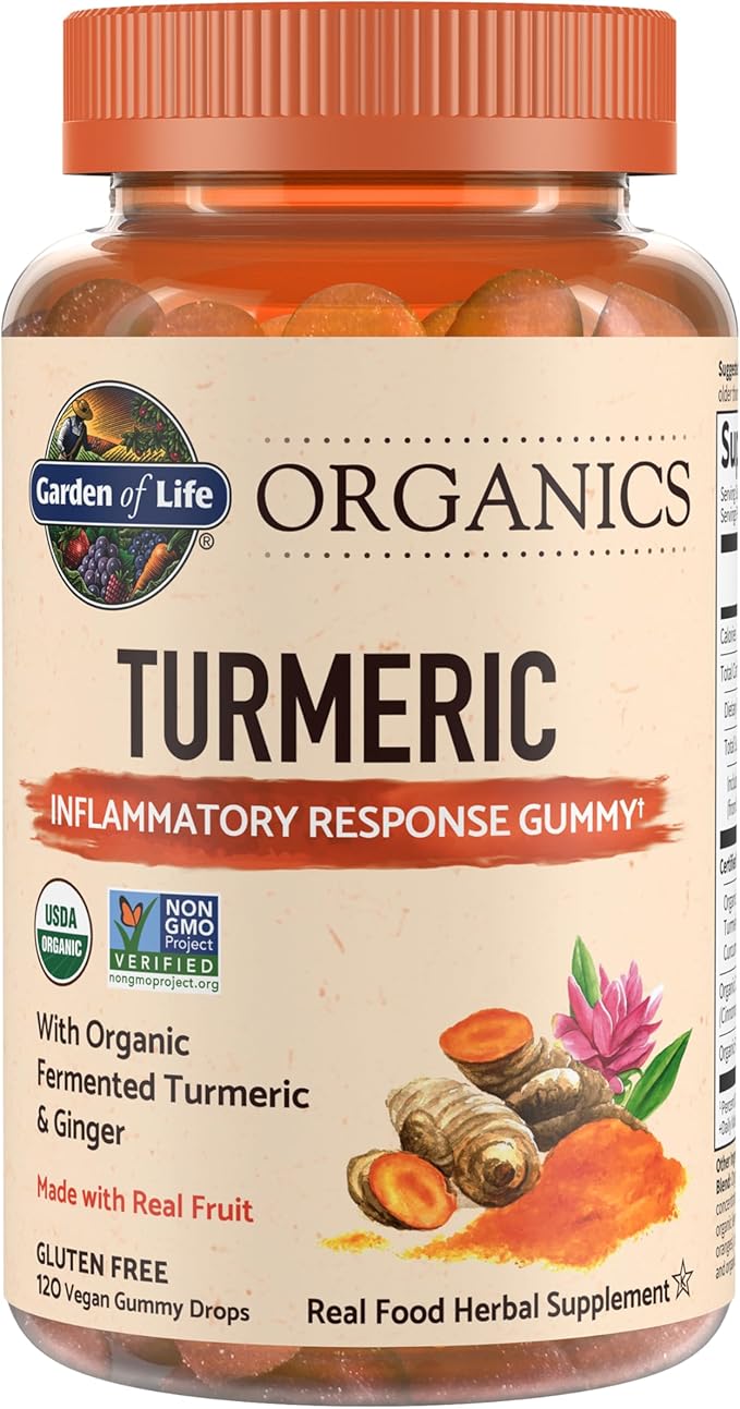 Garden of Life Organics Turmeric Inflammatory Response Gummy - 120 Real Fruit Gummies for Kids & Adults, 50Mg Curcumin (95% Curcuminoids), No Added Sugar, Organic, Non-GMO, Vegan & Gluten Free