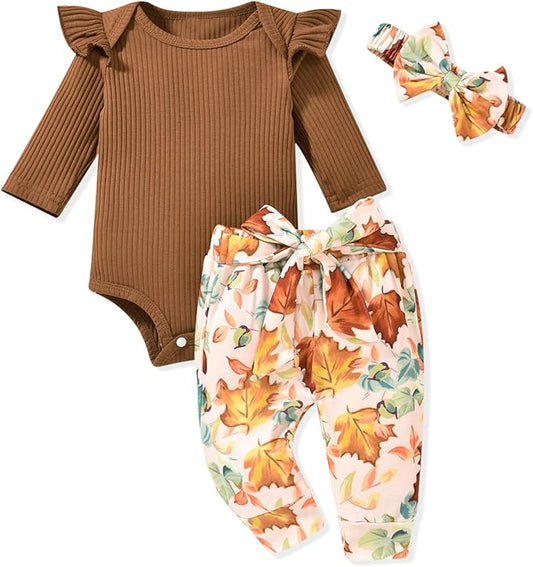Aalizzwell Preemie Newborn Infant Baby Girls Clothes Ribbed Romper Bodysuit Pants Set Fall Winter Outfits