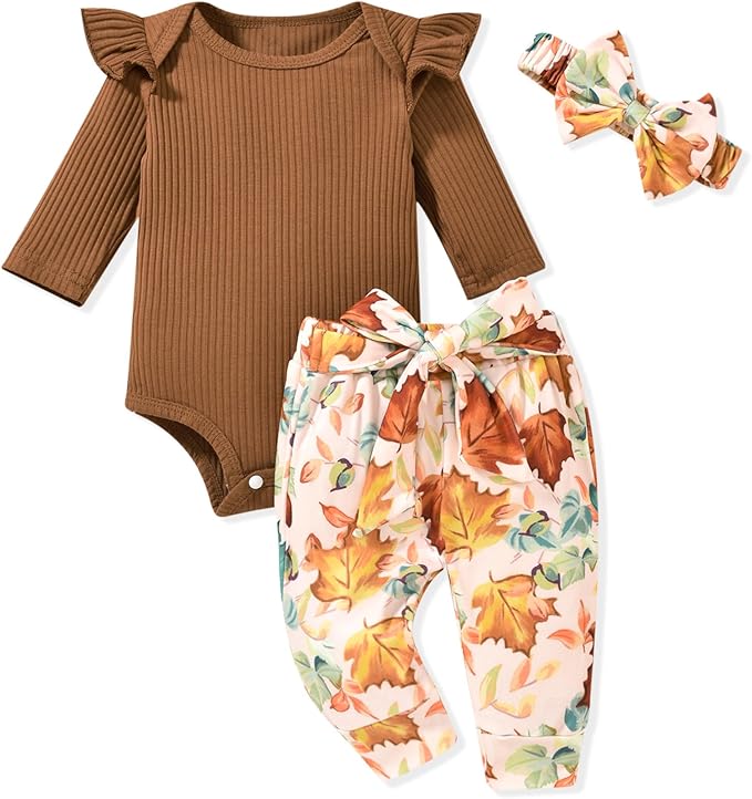 Aalizzwell Preemie Newborn Infant Baby Girls Clothes Ribbed Romper Bodysuit Pants Set Fall Winter Outfits