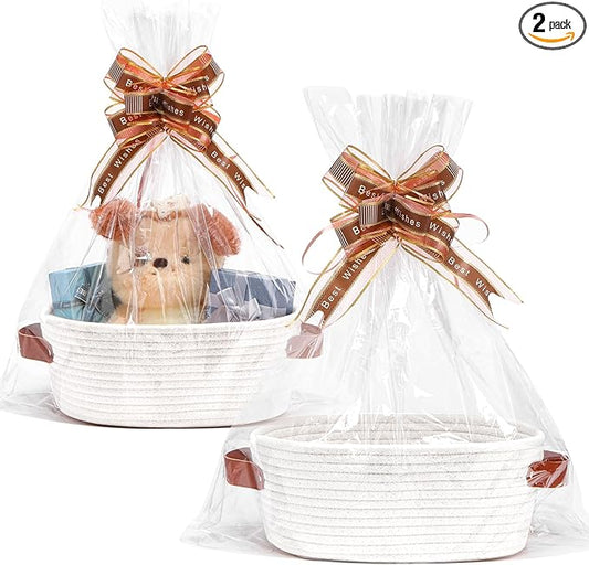 CHEPULA 2 Pack gift basket with Gift Bags and Ribbons, Gift Basket Empty for Organizer Baby Shower, Holiday Presents, Wedding, Storage Basket for Nursery (White)