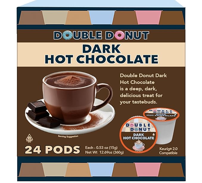 Double Donut Dark Hot Chocolate Pods for Keurig K Cups Brewers, Single Serve Dark Hot Cocoa Pods, 24 Count