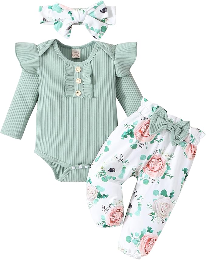 GDTOGRT Baby Girl Clothes Newborn Infant Outfits Ruffle Romper+ Floral Pants + Cute Headband Sets for Girls