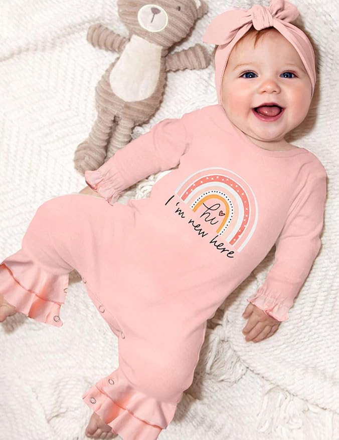 AGAPENG Newborn Girl Clothes Ruffle Letter Print Romper Infant Bell Bottom Jumpsuit Boho Baby Girl Clothes with Headband Hat