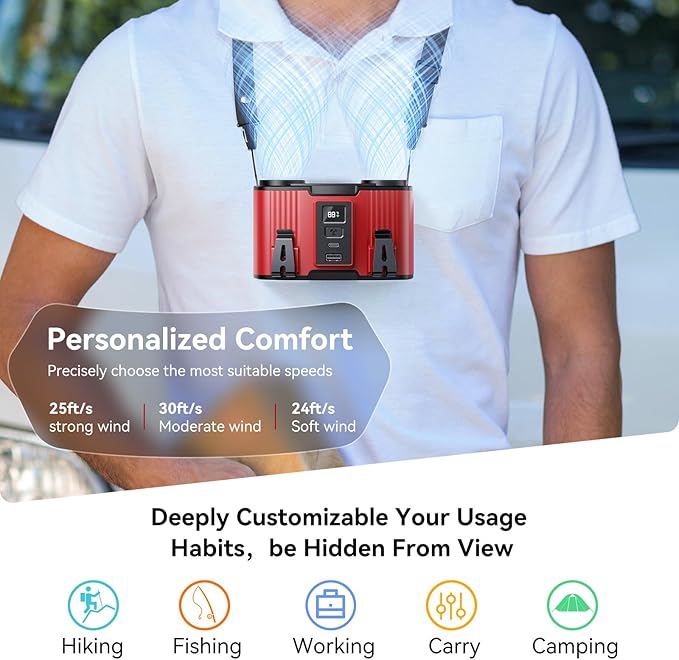 24000mAh Personal Waist Fan, USB Rechargeable Clip The Waist For Working,10 Speed & 40H Cooling and Heatstroke Prevention For Outdoor Travel Camping (Red, 24000mAh)