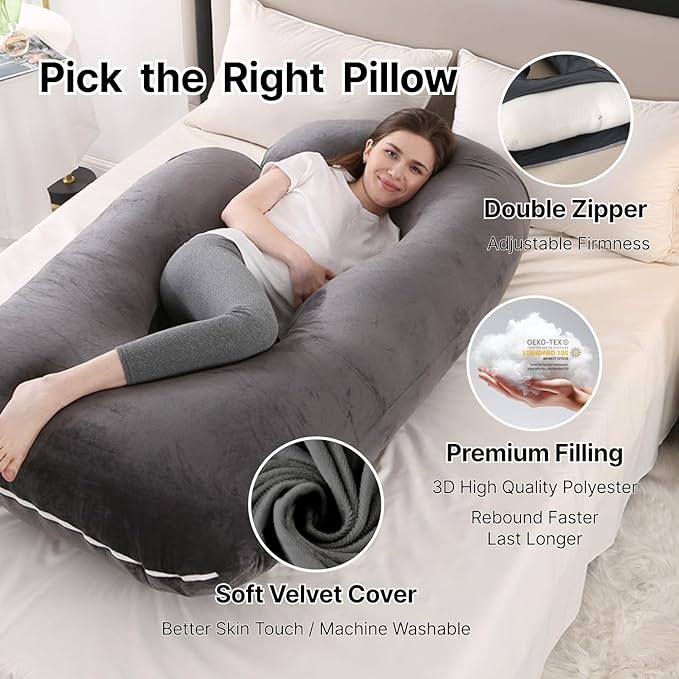 Pregnancy Pillow, Full Body 57 Inch Maternity Pillow with Removable Washable Cover - Sleep Support for Legs, Back, Neck, Shoulder, HIPS, Belly for Pregnent Women, Black Grey Velvet Cover