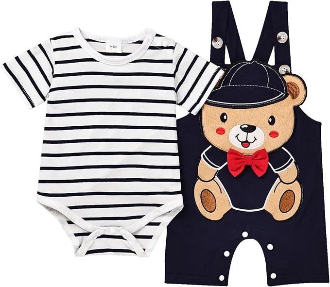 Baby Boy Clothes Newborn Outfits Stripe Romper Infant Cartoon Overall Adjustable Suspender Pants Set 0-18 Months