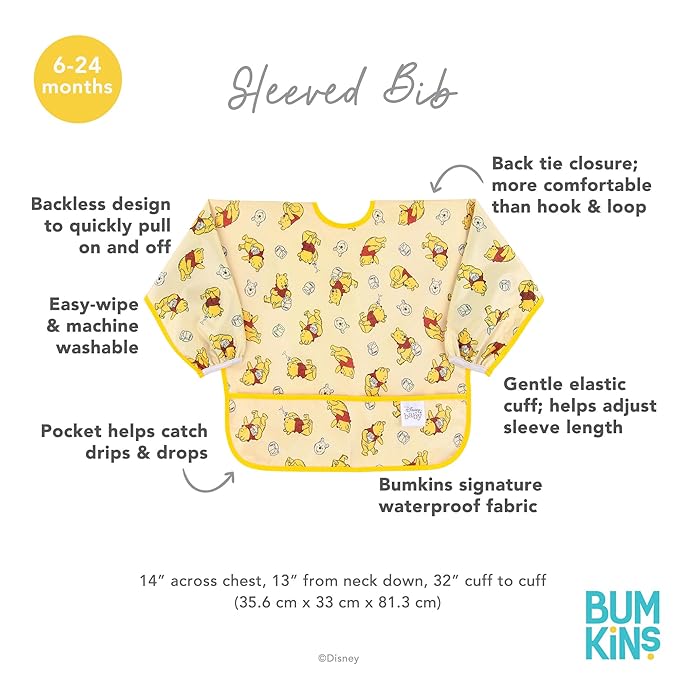 Bumkins Disney Sleeved Bib for Girl or Boy, Baby and Toddler for 6-24 Mos, Essential Must Have for Eating, Feeding, Baby Led Weaning, Long Sleeve Mess Saving Food Catcher, Winnie the Pooh Hunny