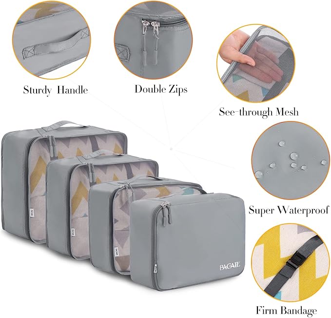 BAGAIL 8 Set Packing Cubes Luggage Packing Organizers for Travel Accessories-Pewter Color
