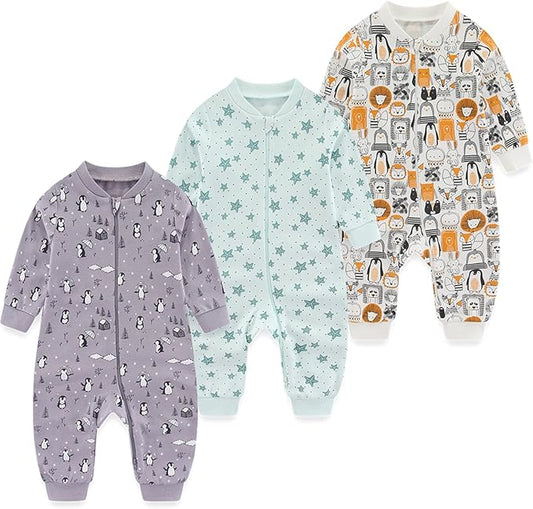 Newborn Baby 2-way Zipper Romper Cotton One-piece Jumsuit 3-pack, 0-24 Months