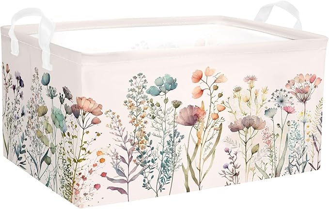 Wild Flowers Shelf Basket Floral Baby Shower Basket for Kids Girls Room Rectangle Clothes Toys Cube Storage Basket (Flowers)