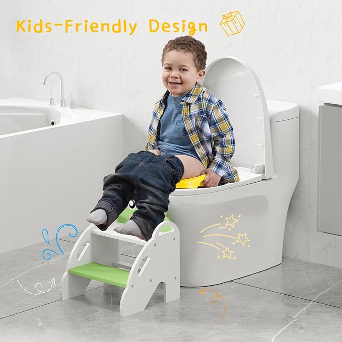 Frog-Themed Toddler Step Stool, 2-Step Stool for Bathroom Sink & Potty Training, Kids Kitchen Helper Stool with Safety Handles (Natural Wood, 120lbs Capacity)(Green)