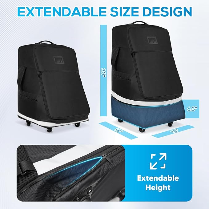 Extendable Height Car Seat Travel Bag with Wheels, Padded Carseat Travel Bag for Airplane, Baby Infant Booster Seat Bags for Air Travel
