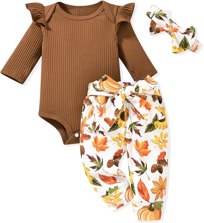 Aalizzwell Preemie Newborn Infant Baby Girls Clothes Ribbed Romper Bodysuit Pants Set Fall Winter Outfits