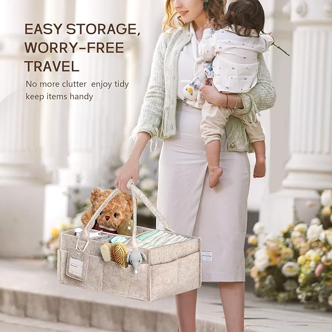 GEMII Diaper Caddy Organizer - Large Baby Caddy Organizer with Handle for Newborn Essentials Boy or Girl (Oatmeal, Large)