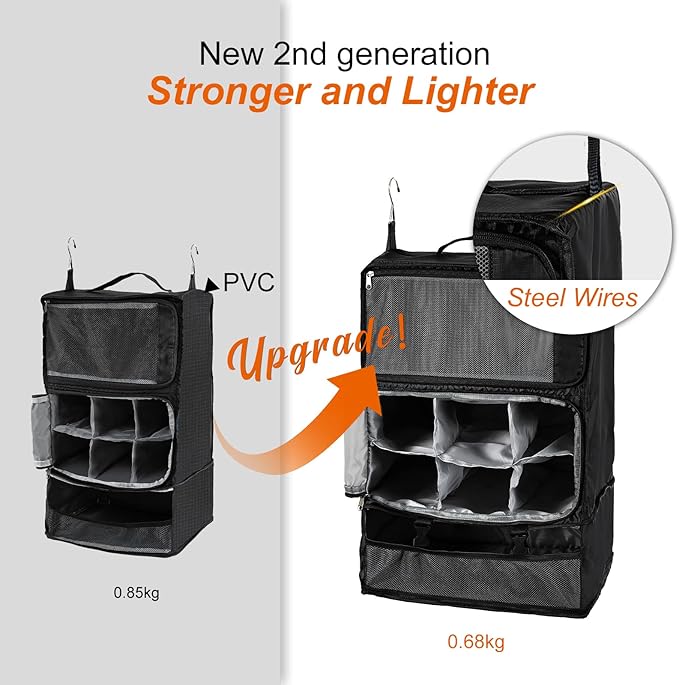 TABITORA Travel Portable Hanging Shelves Closet Organizer Packing Luggage Storage with Multifunctional and Foldable Invisible Compartment,Lightweight, for Suitcase, RV,Closet…Black,XXL