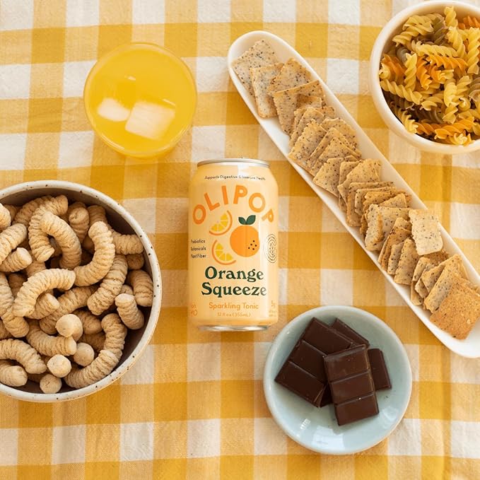 OLIPOP Prebiotic Soda Pop, Orange Squeeze, A New Kind of Soda Packed with Prebiotics, Fiber, and Botanicals, Gluten Free, Vegan, GMO Free, 12oz (12-Cans)